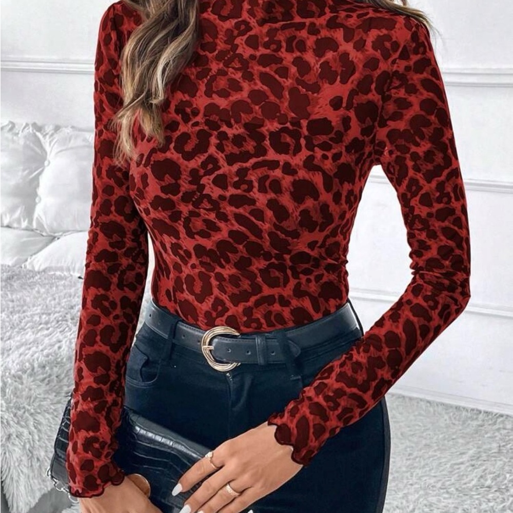 Women's Red Leopard Print Mesh Long Sleeve Top